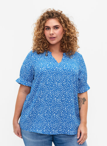 Kurzärmelige Bluse mit Druck, Blue Ditsy, Model image number 0