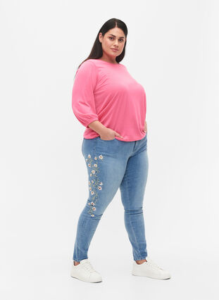 Einfarbige Bluse mit 3/4-Ärmel, Hot Pink Mel., Model image number 2