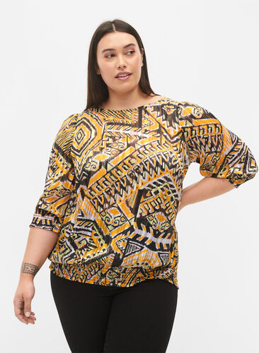 Bedruckte Bluse mit Smock und 3/4 Ärmeln, Yellow Aztec AOP, Model image number 0