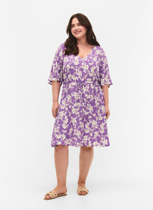 Kleid mit 1/2 Ärmeln und Blumenmuster aus Viskose, Purple Flower AOP, Model image number 2