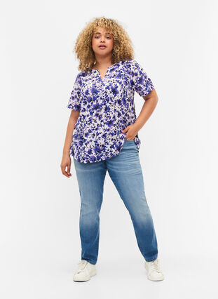 Bluse mit kurzen Ärmeln und V-Ausschnitt, Purple Small Flower, Model image number 2