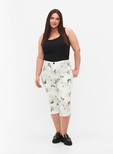 Capri Jeans mit Blumenprint und hoher Taille, White Flower AOP, Model image number 0
