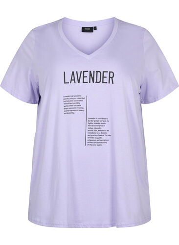 T-Shirt aus Baumwolle mit V-Ausschnitt und Text, Lavender w. Text, Packshot image number 0