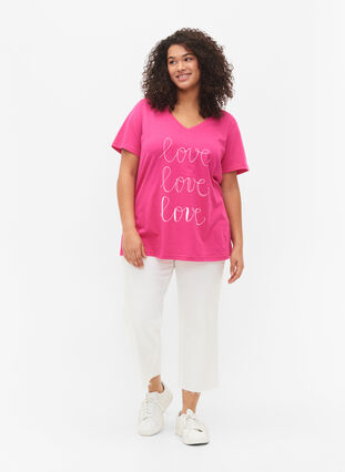 T-Shirt aus Baumwolle mit V-Ausschnitt und Druck, Fuchsia Purple Love, Model image number 2