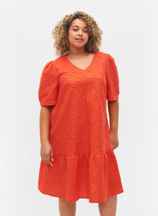 Strukturiertes Kleid mit kurzen Puffärmeln, Mandarin Red, Model image number 0