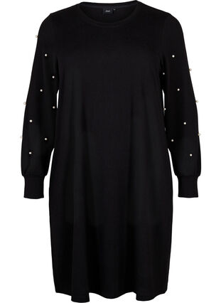 Langärmeliges Kleid mit Perlendetails, Black, Packshot image number 0
