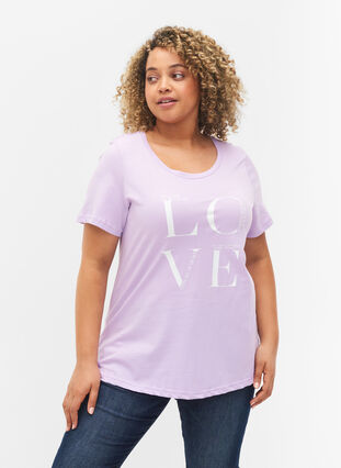 Kurzärmeliges Baumwoll-T-Shirt mit Aufdruck, Lavendula LOVE, Model image number 0