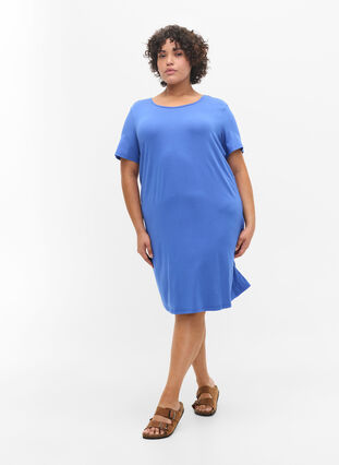 Kurzarm Kleid aus Viskose mit Rückendetail , Dazzling Blue, Model image number 3