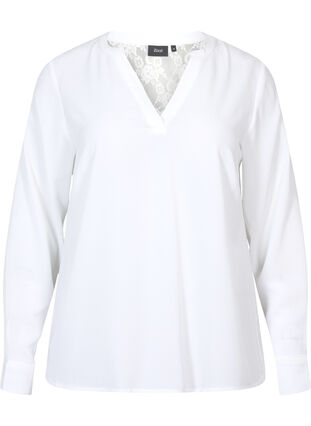 Langärmelige Bluse mit Spitzendetail , Bright White, Packshot image number 0