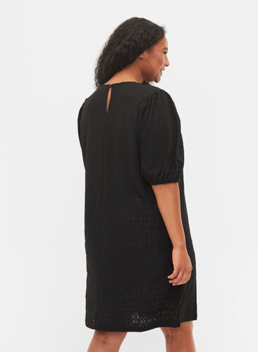 Kleid mit Strukturmuster und Ballonärmeln, Black, Model image number 1