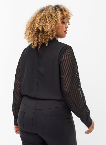 Hochgeschlossene Bluse mit langen, transparenten Ärmeln, Black, Model image number 1