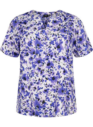 Bluse mit kurzen Ärmeln und V-Ausschnitt, Purple Small Flower, Packshot image number 0