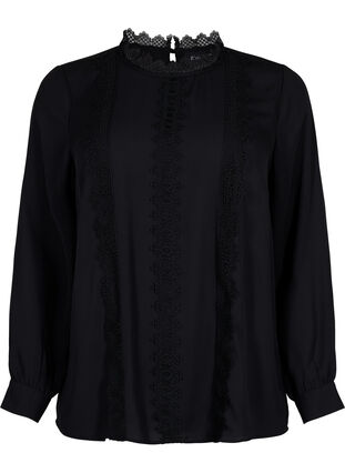 Langärmelige Bluse mit Spitze, Black, Packshot image number 0