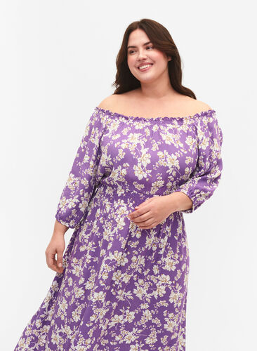 Florales Off-Shoulder Midi-Kleid aus Viskose, Purple Flower AOP, Model image number 1