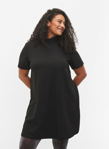 Kurzarm Kleid mit hohem Ausschnitt, Black, Model image number 0