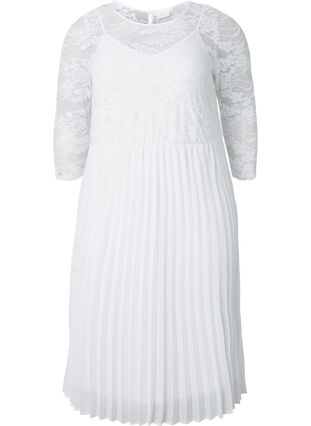 Plissiertes Kleid mit Spitze und 3/4-Ärmeln, Bright White, Packshot image number 0