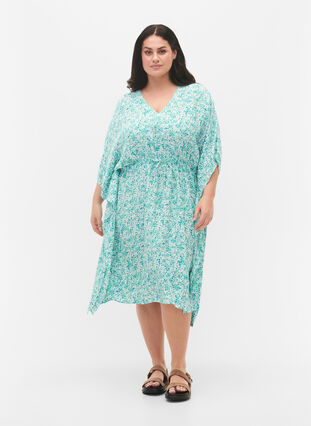 Viskose Kaftan Kleid mit Druck, Green Dot, Model image number 3