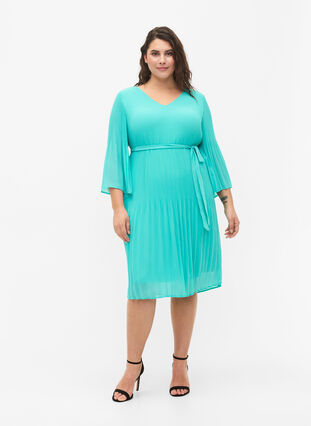 Plissiertes Kleid mit 3/4-Ärmeln, Turquoise, Model image number 2