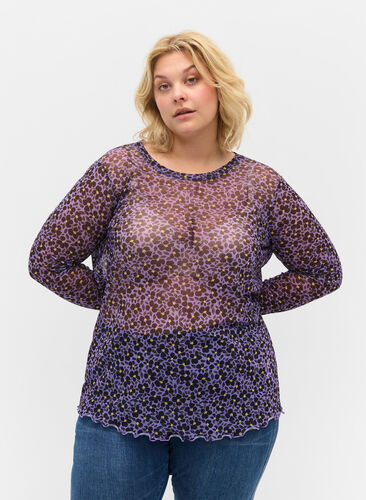 Enganliegende Mesh-Bluse mit Blumenmuster, Purple AOP, Model image number 0