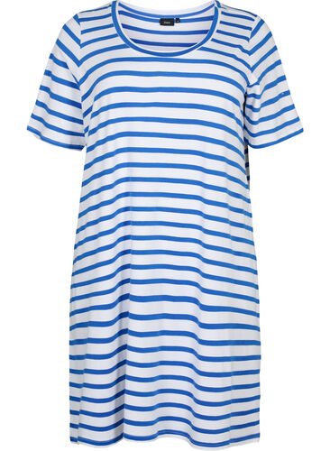 Gestreiftes Jerseykleid mit kurzen Ärmeln, Blue Stripes, Packshot image number 0