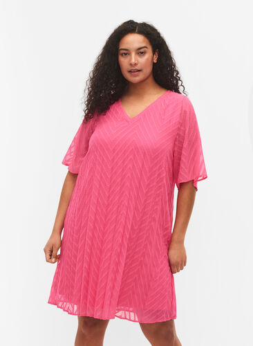 Kurzärmeliges Kleid mit Struktur , Shocking Pink, Model image number 0
