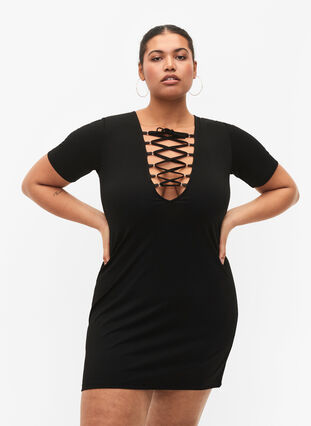Umkehrbares Kleid mit Schnürungsdetail, Black, Model image number 0