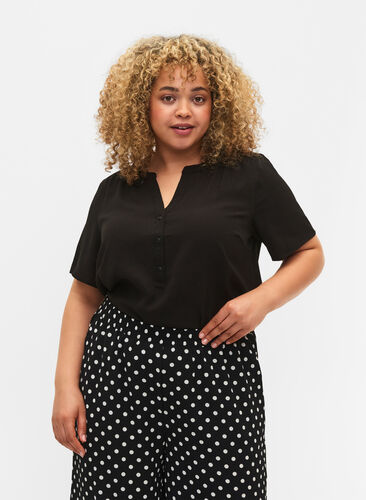 Bluse mit kurzen Ärmeln und V-Ausschnitt, Black, Model image number 0